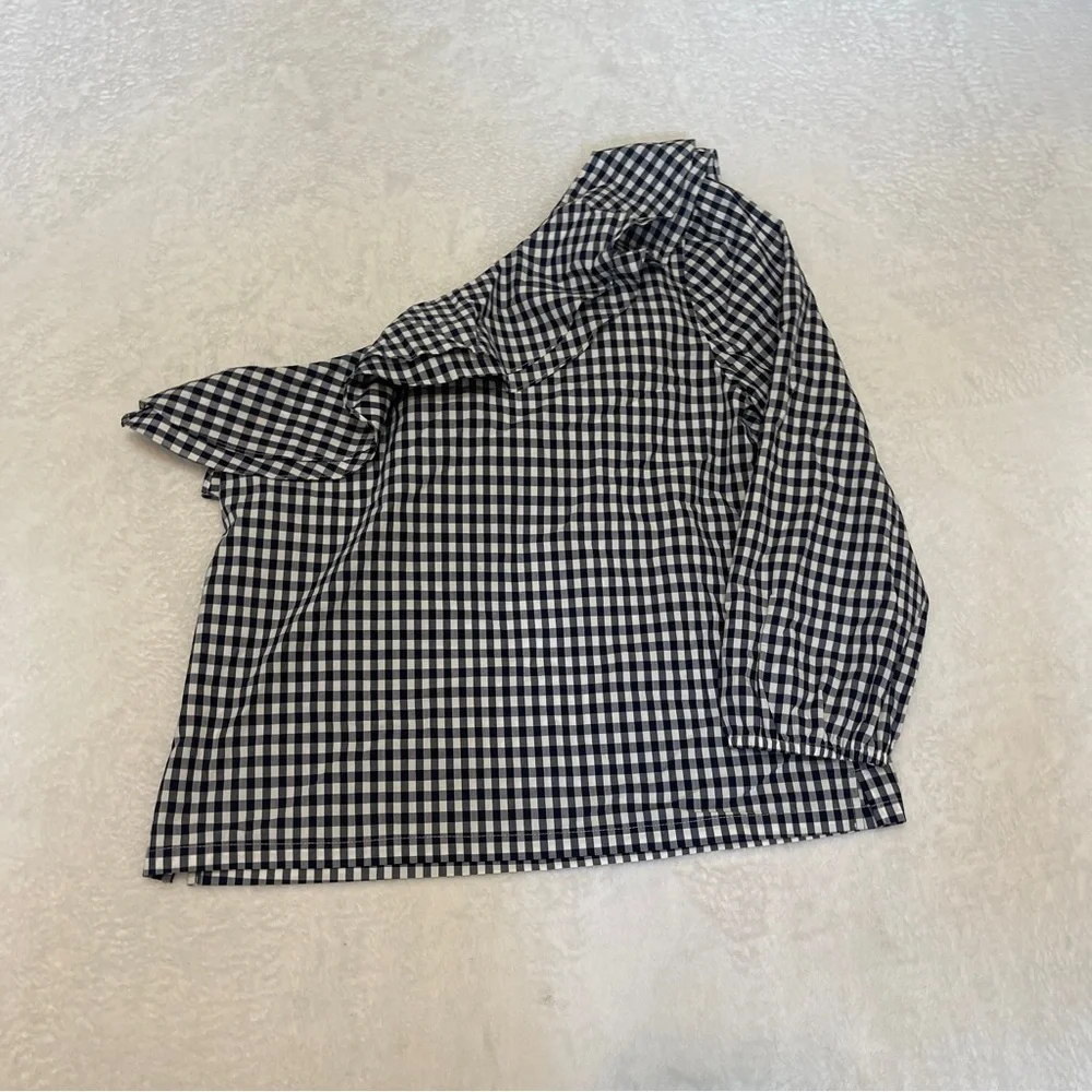NWT J. Crew Black White Gingham One Shoulder Ruffle‎ Blouse CottageTomato Girl